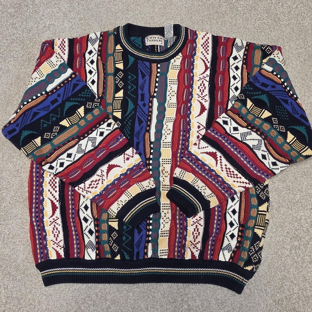 Vtg Cotton Traders Sweater Mens XL 3D Knit Coogi Style 90s Y2K Cosby Chunky